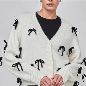 Luna Ivy white cozy soft girl cardigan with black ribbon bows all over M